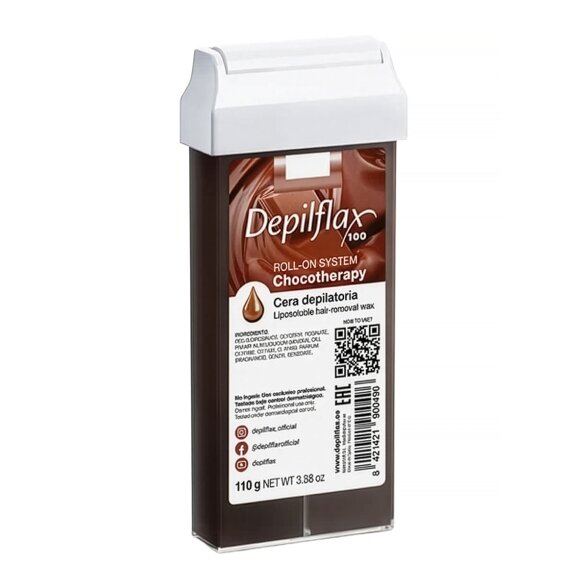 Depilflax 100 Chocotherapy depiliacinis vaškas kasetėje su voleliu, 110 g Depilflax 100 Chocotherapy depiliacinis vaškas kasetėje su voleliu, 110 g