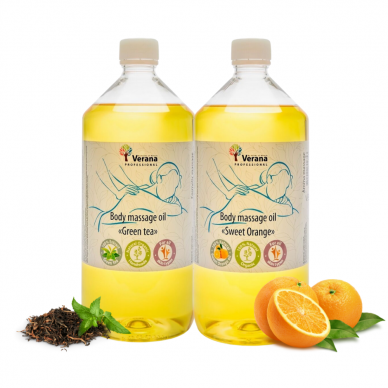 Anticeliulitinių Verana masažo aliejų rinkinys: Žalioji Arbata ir Apelsinas, 2x1000ml