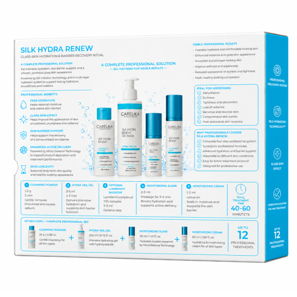 CARELIKA SILK HYDRA RENEW rinkinys, Drėkinimas ir odos bajero atkūrimas 3 CARELIKA SILK HYDRA RENEW rinkinys, Drėkinimas ir odos bajero atkūrimas 3