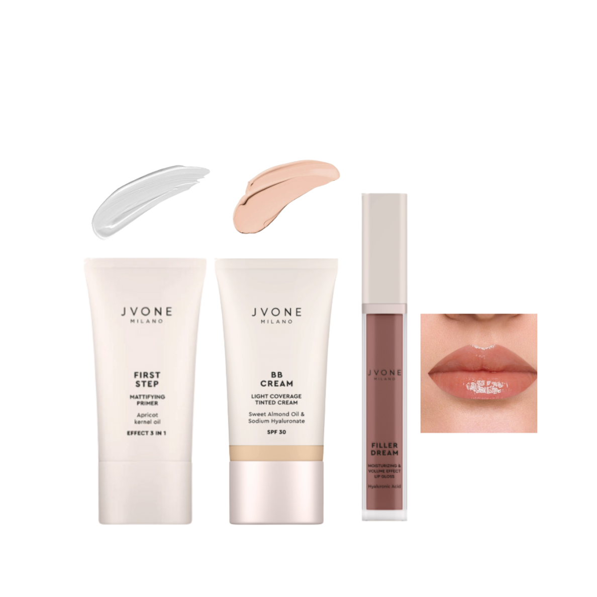 Jvone Milano PRIMER bazė + BB kremas + lūpų blizgis NUDE Jvone Milano PRIMER bazė + BB kremas + lūpų blizgis NUDE