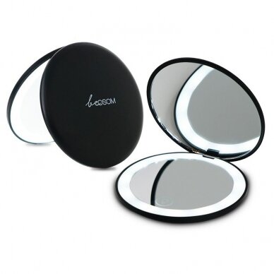 Kompaktinis veidrodėlis su apšvietimu Be Osom, įkraunamas, juodas matinis