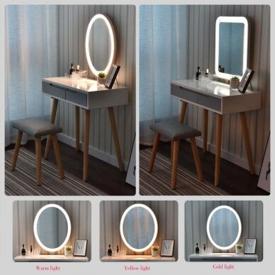 Tualetinis staliukas baltas ANJA W1 veidrodis + LED + taburetė 2
